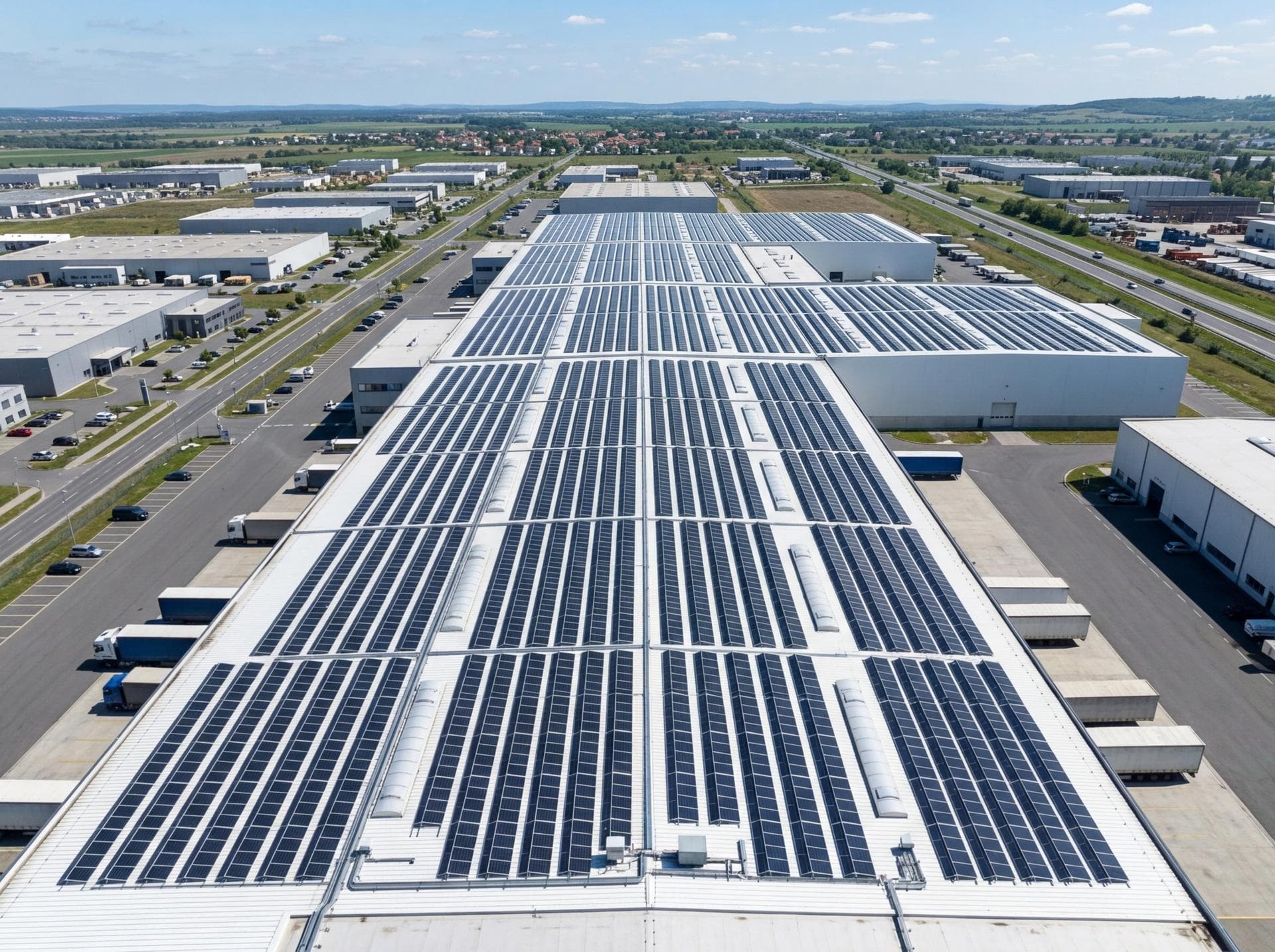 Large commercial solar array on industrial rooftop